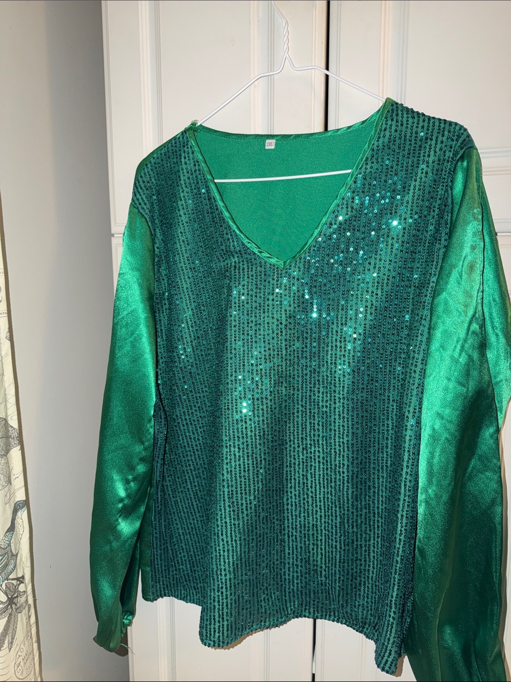 Green Sequin V-Neck Blouse Top